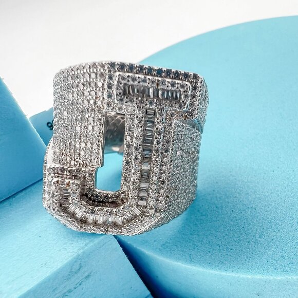 925 Sterling Sliver Moissanite Alphabet J Letter Ring, 3.43ctw VVS Stones Hip Ho - Picture 4 of 7